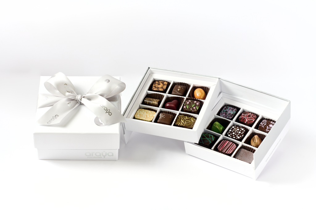 araya artisan chocolates bonbons in a white gift box